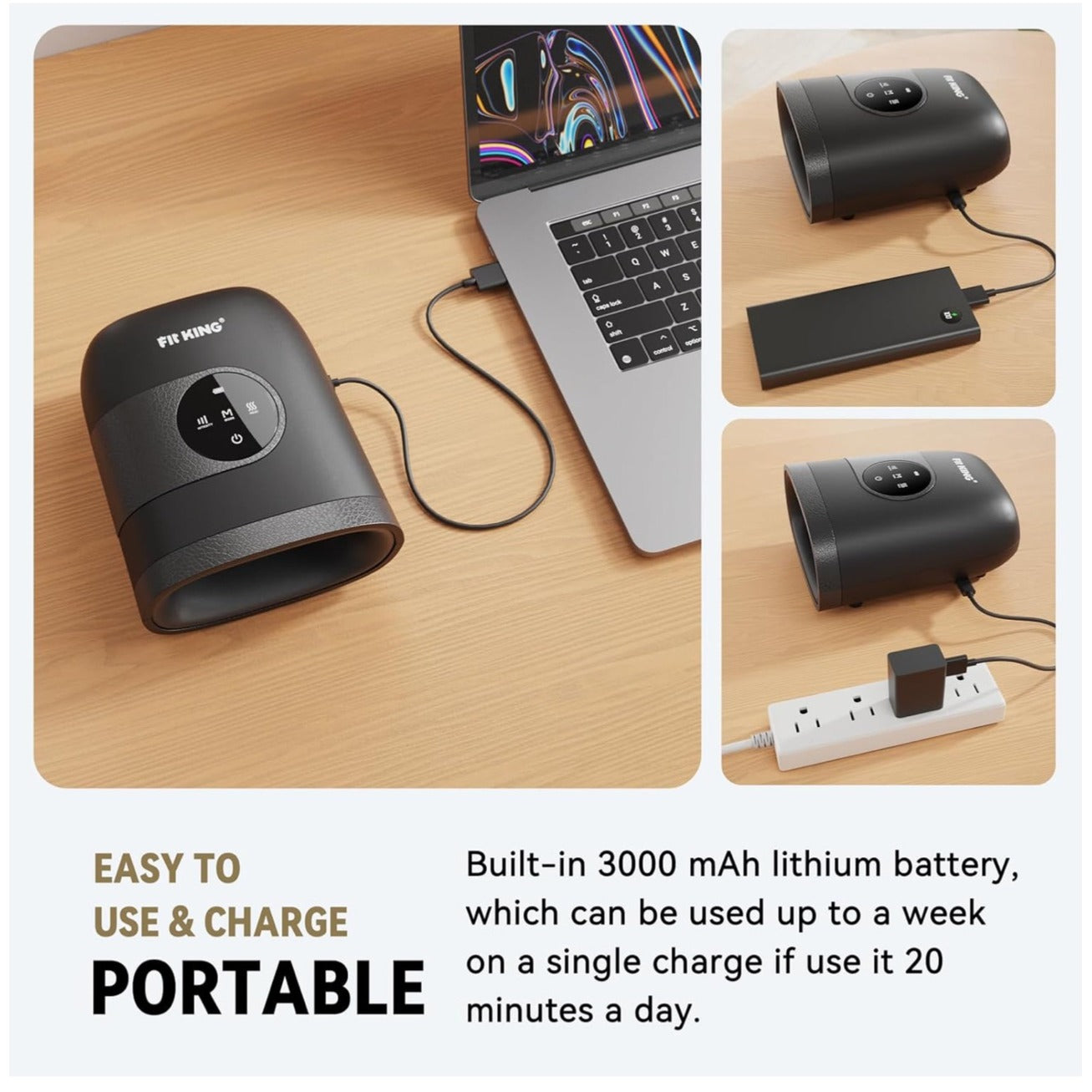 Fit King Hand Massager With Heat Rechargeable Adjustable Intensity & Modes Includes Manual & Storage Bag Black