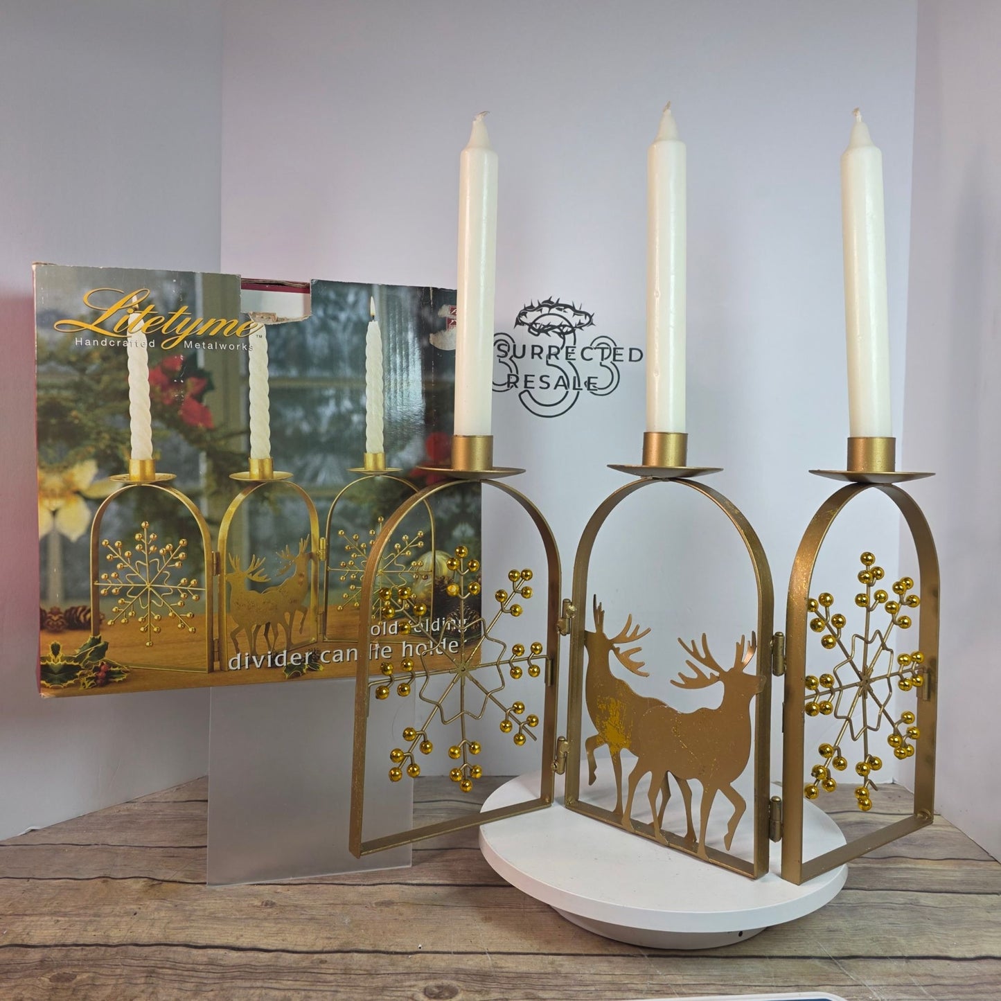 NOS Litetyme Gold Metalworks Reindeer Snowflake Folding Candle Holder Candles