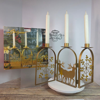 NOS Litetyme Gold Metalworks Reindeer Snowflake Folding Candle Holder Candles