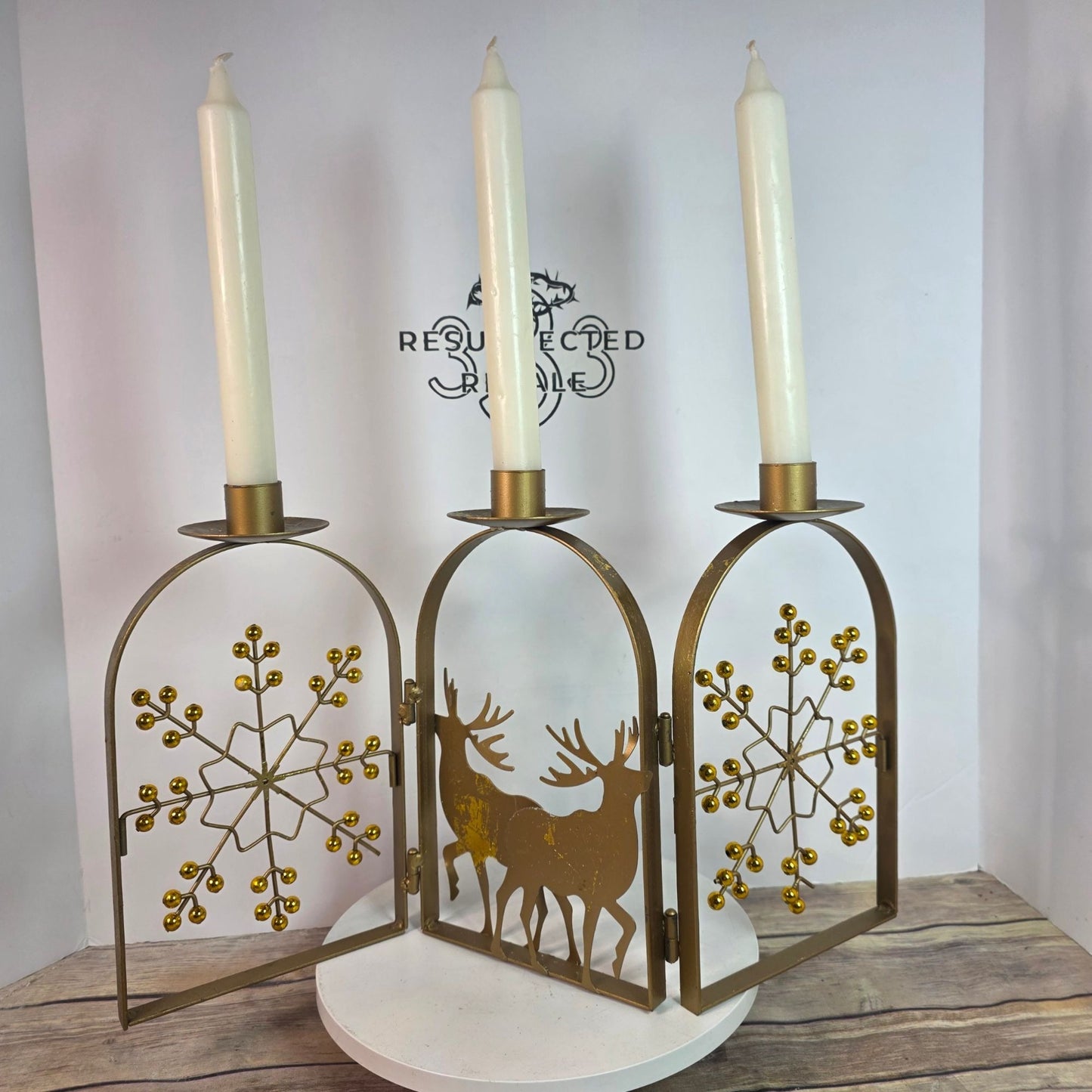 NOS Litetyme Gold Metalworks Reindeer Snowflake Folding Candle Holder Candles