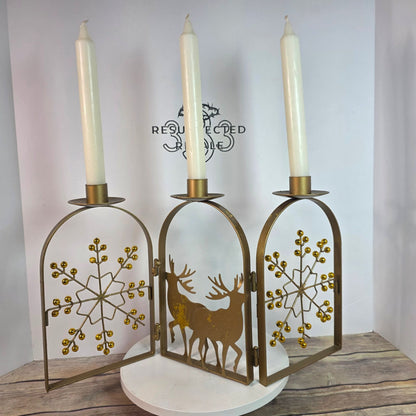 NOS Litetyme Gold Metalworks Reindeer Snowflake Folding Candle Holder Candles