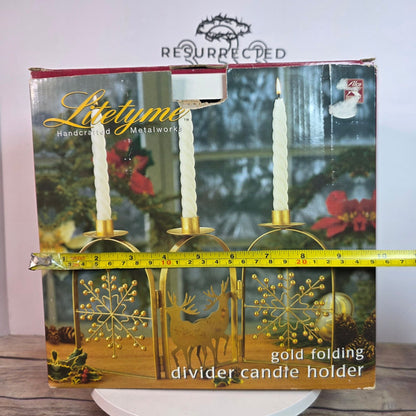 NOS Litetyme Gold Metalworks Reindeer Snowflake Folding Candle Holder Candles