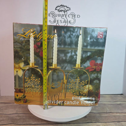 NOS Litetyme Gold Metalworks Reindeer Snowflake Folding Candle Holder Candles