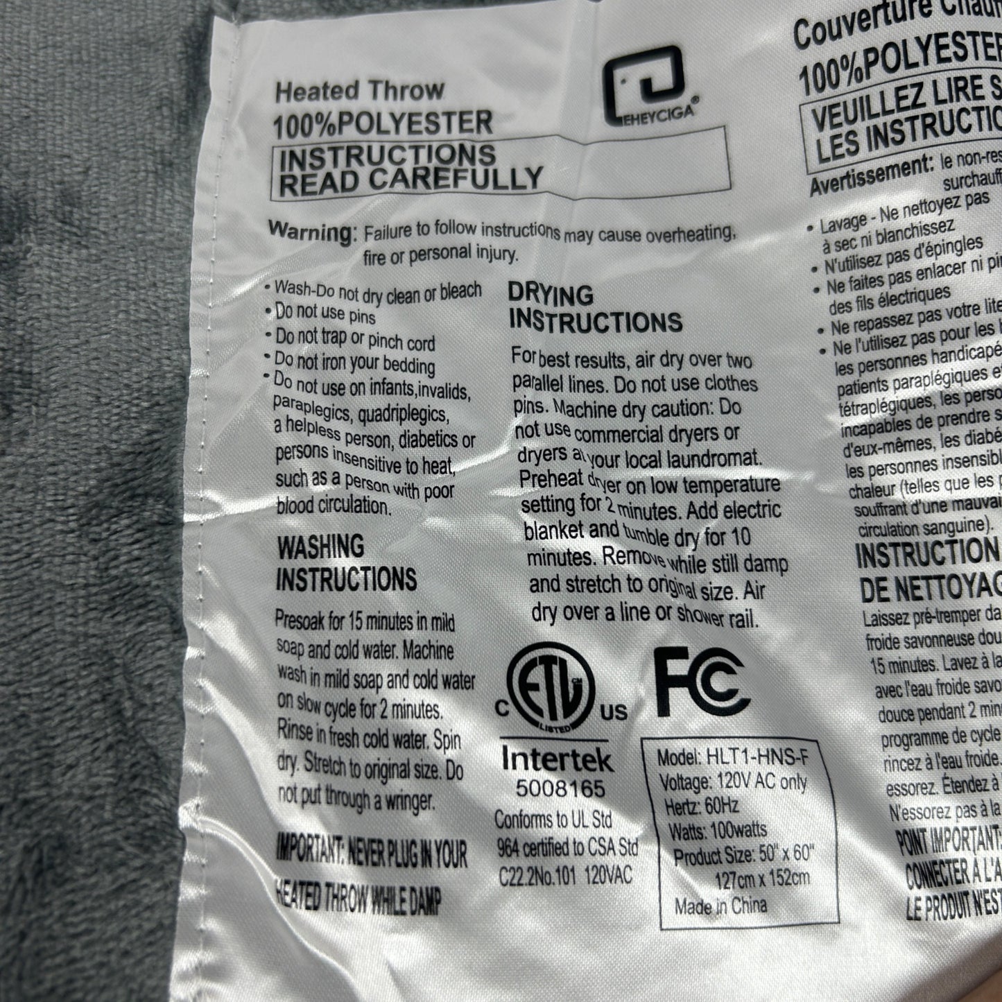 Eheyciga Heated Throw Blanket 50"x60" With Remote Control & Timer 100% Polyester Soft & Cozy ETL Certified Gray Color