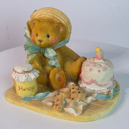Vintage Cherished Teddies Anna "Hooray For You" Figurine 1991 Collectible Teddy Bear With Cake & Honey Scene