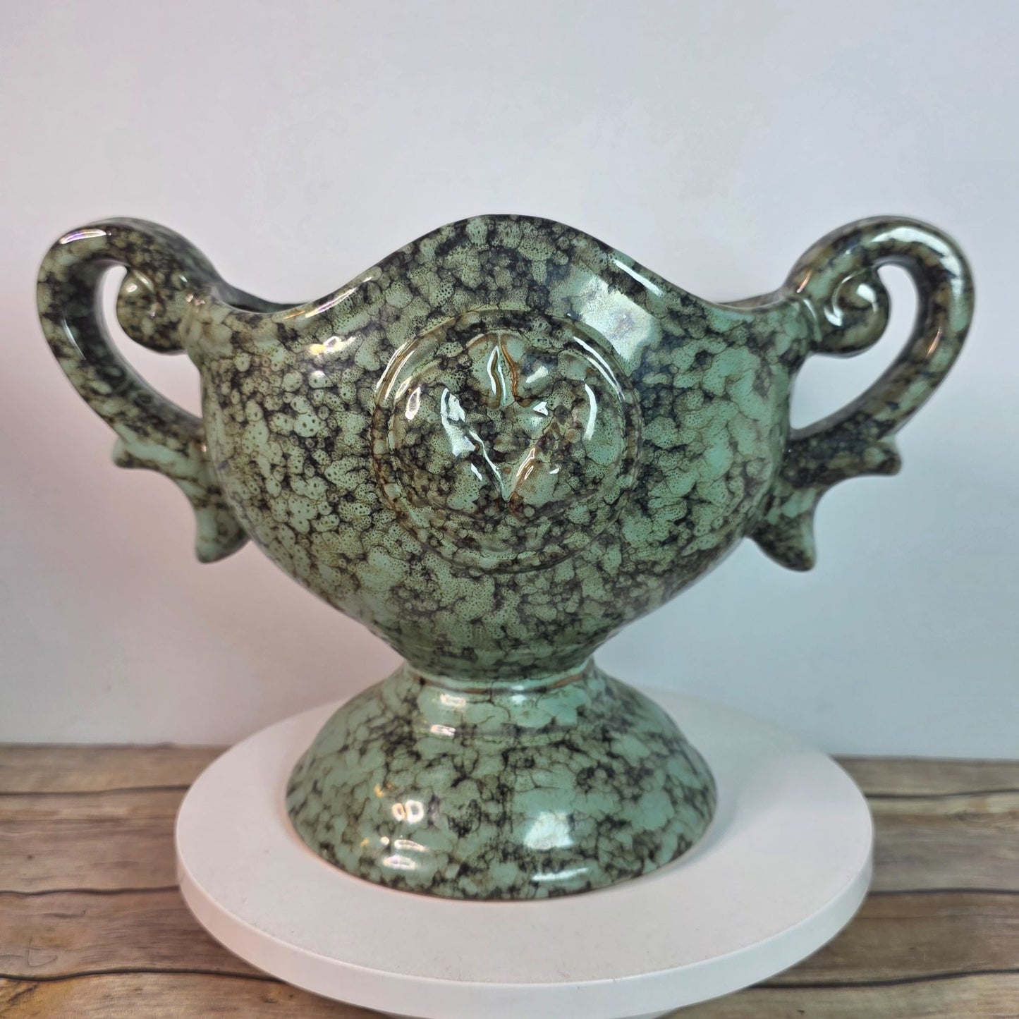 Vintage Green Ceramic Trophy Vase With Handles Textured Mid-Century Design
