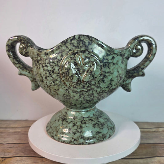 Vintage Green Ceramic Trophy Vase With Handles Textured Mid-Century Design