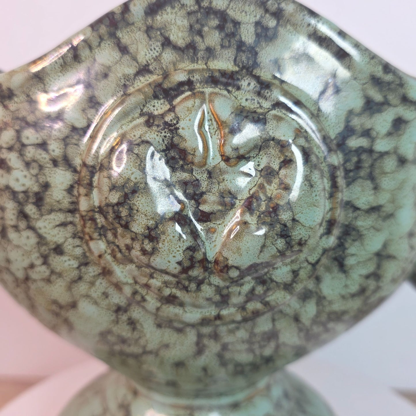 Vintage Green Ceramic Trophy Vase With Handles Textured Mid-Century Design