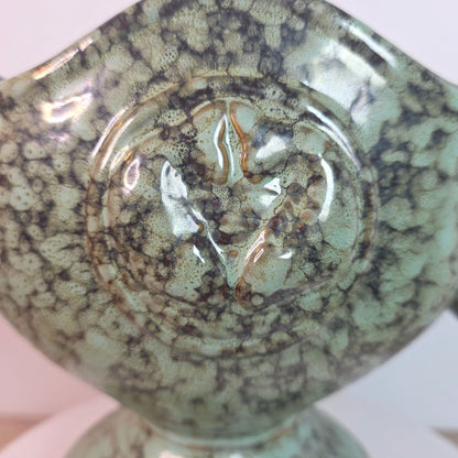 Vintage Green Ceramic Trophy Vase With Handles Textured Mid-Century Design
