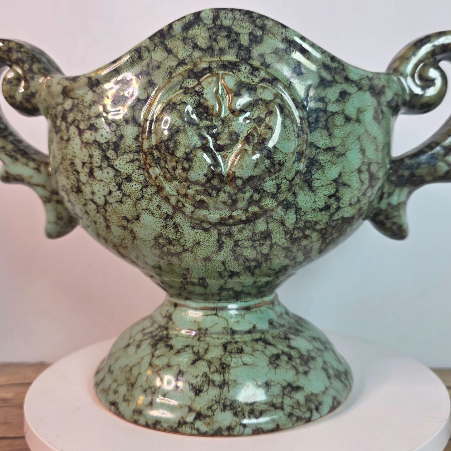 Vintage Green Ceramic Trophy Vase With Handles Textured Mid-Century Design