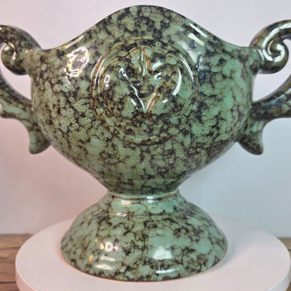 Vintage Green Ceramic Trophy Vase With Handles Textured Mid-Century Design