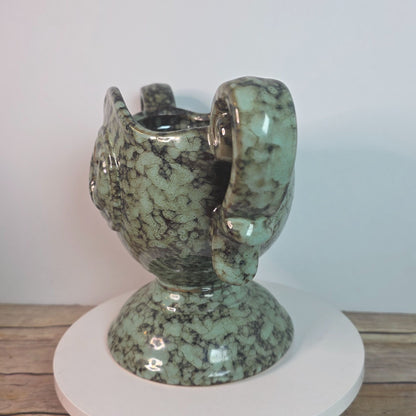 Vintage Green Ceramic Trophy Vase With Handles Textured Mid-Century Design