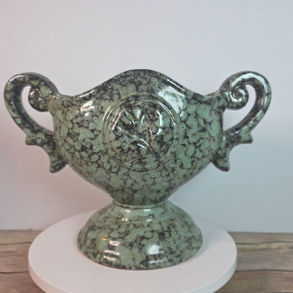 Vintage Green Ceramic Trophy Vase With Handles Textured Mid-Century Design