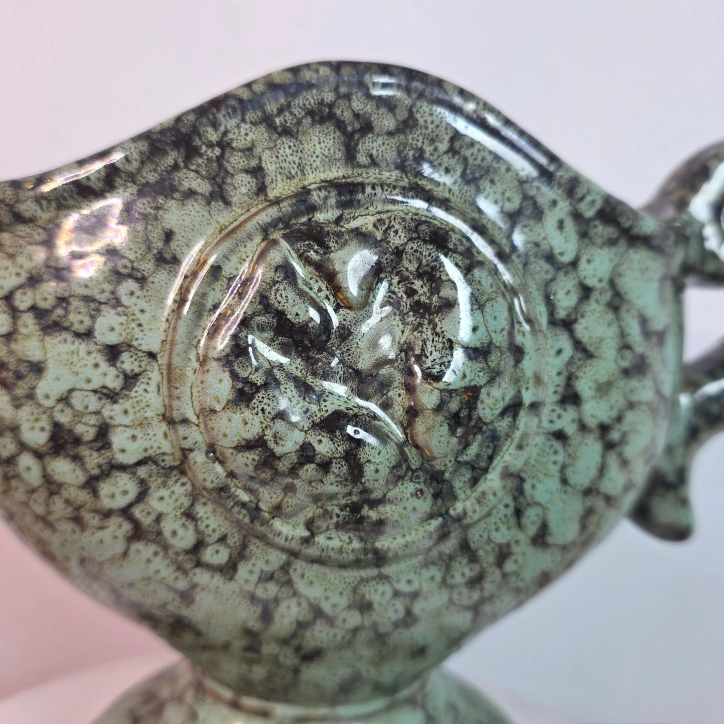 Vintage Green Ceramic Trophy Vase With Handles Textured Mid-Century Design