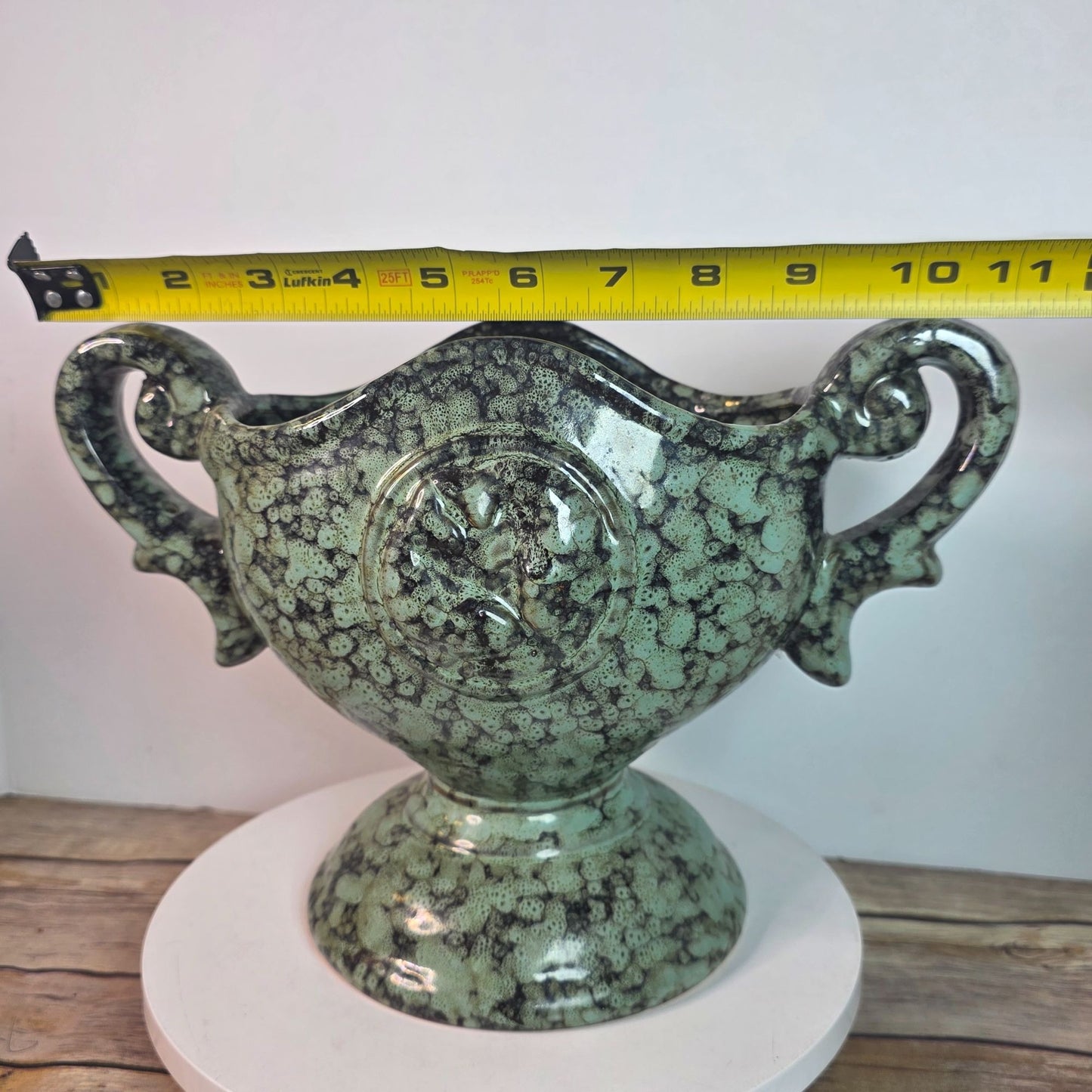 Vintage Green Ceramic Trophy Vase With Handles Textured Mid-Century Design