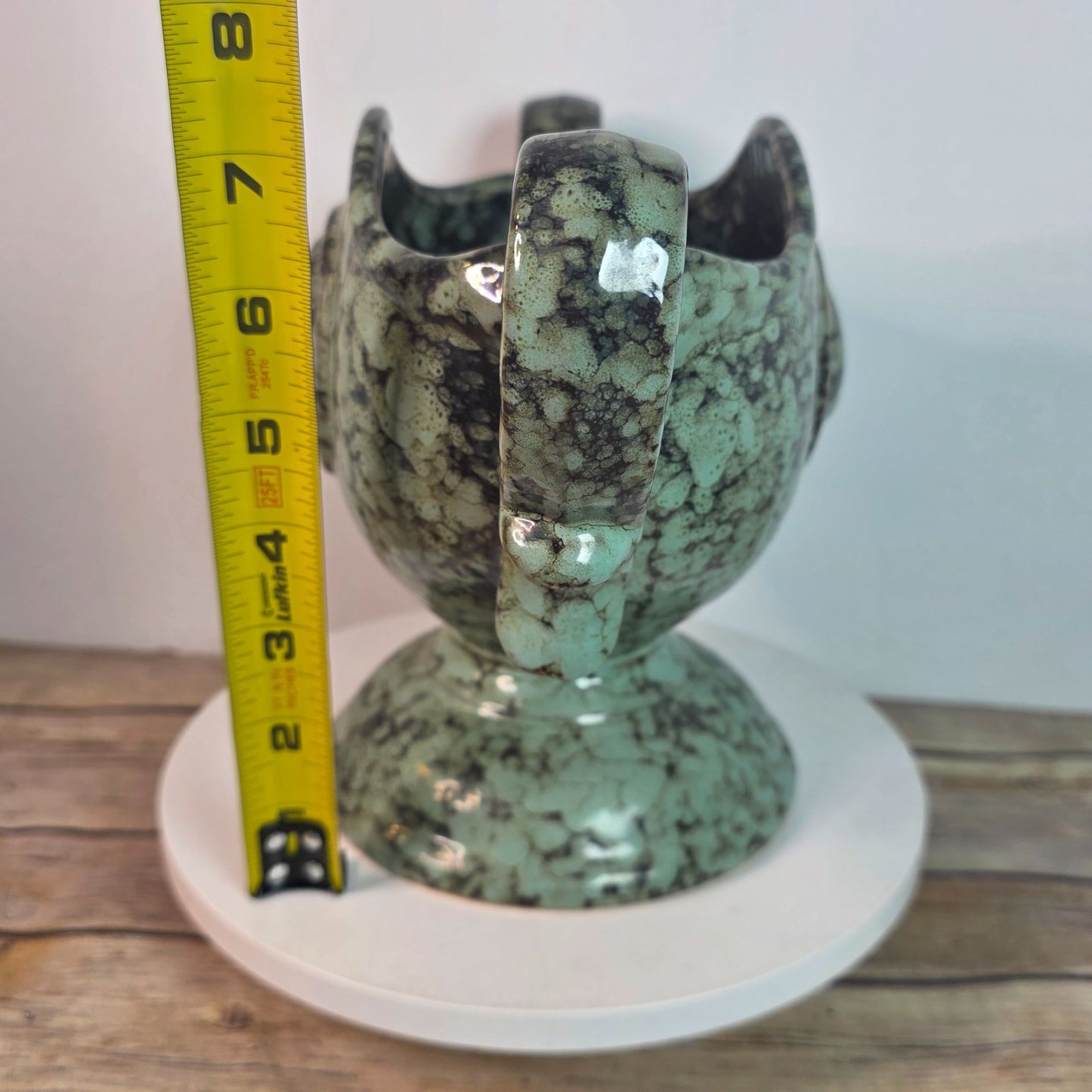 Vintage Green Ceramic Trophy Vase With Handles Textured Mid-Century Design