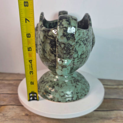 Vintage Green Ceramic Trophy Vase With Handles Textured Mid-Century Design