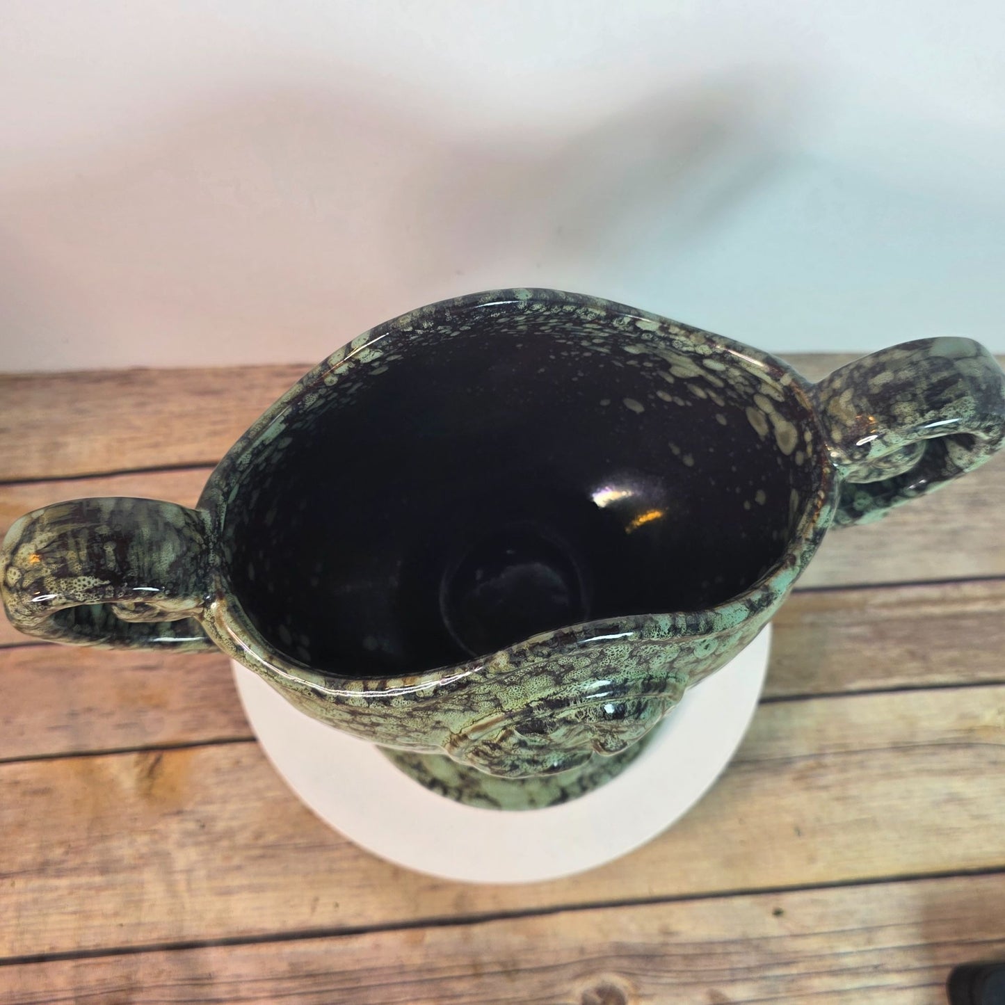 Vintage Green Ceramic Trophy Vase With Handles Textured Mid-Century Design