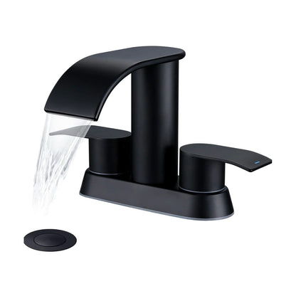 Two Handle Waterfall Bathroom Faucet Matte Black With Metal Pop-Up Drain Stopper