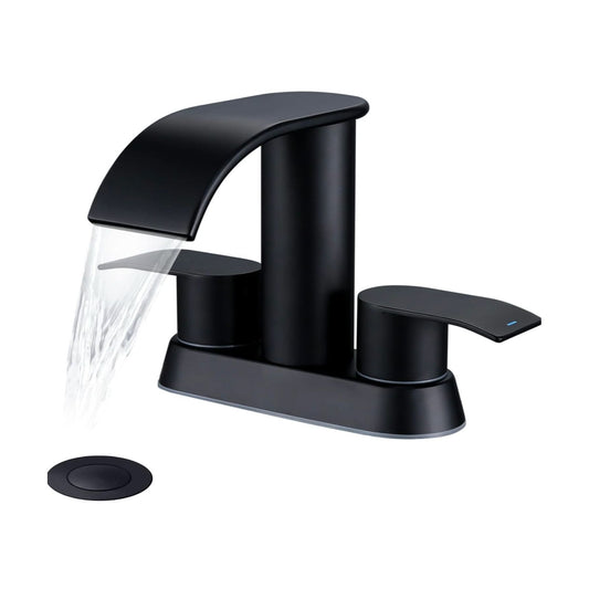 Two Handle Waterfall Bathroom Faucet Matte Black With Metal Pop-Up Drain Stopper