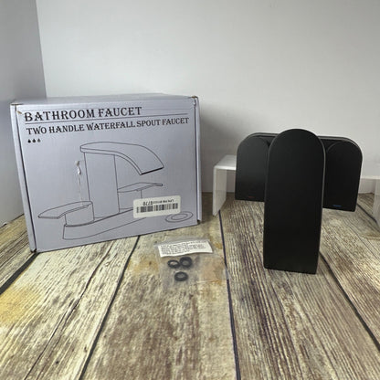 Two Handle Waterfall Bathroom Faucet Matte Black With Metal Pop-Up Drain Stopper