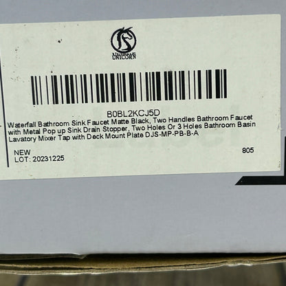 Two Handle Waterfall Bathroom Faucet Matte Black With Metal Pop-Up Drain Stopper