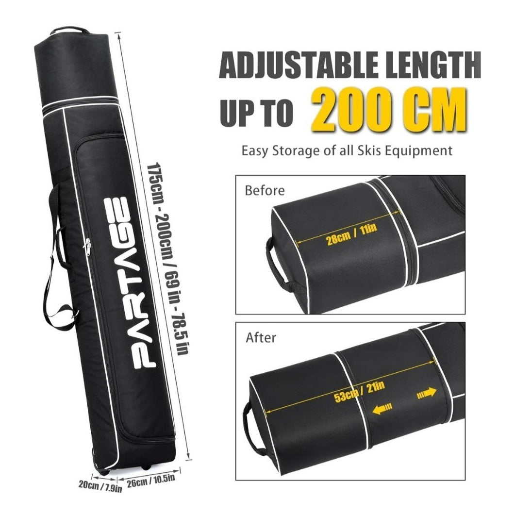 PARTAGE Ski Bag With Adjustable Length Up To 78in 600D Oxford Fabric Waterproof & Padded For Ski Equipment Black