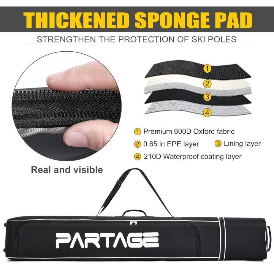 PARTAGE Ski Bag With Adjustable Length Up To 78in 600D Oxford Fabric Waterproof & Padded For Ski Equipment Black