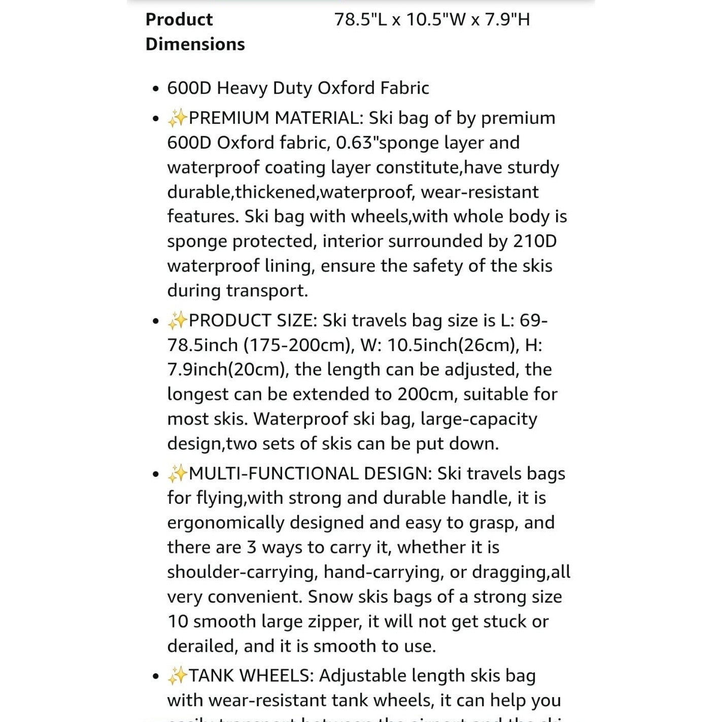 PARTAGE Ski Bag With Adjustable Length Up To 78in 600D Oxford Fabric Waterproof & Padded For Ski Equipment Black