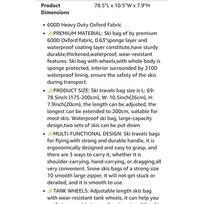 PARTAGE Ski Bag With Adjustable Length Up To 78in 600D Oxford Fabric Waterproof & Padded For Ski Equipment Black