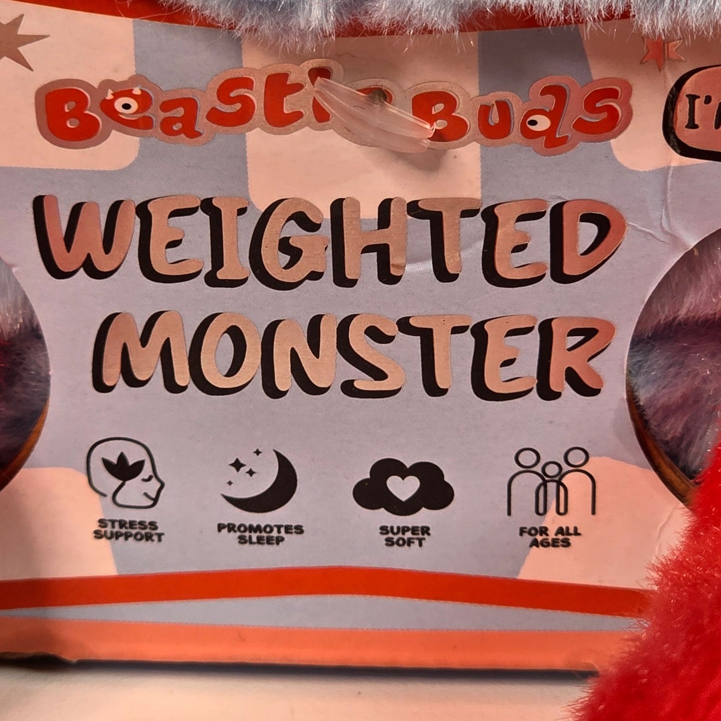 Beastie Buds Weighted Monster Plush Toy 2.2 Lbs Stress Support & Sleep Aid For All Ages Super Soft Blue/Red