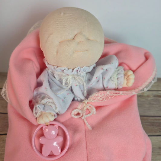 Vintage 1983 Dakin Soft Baby Doll With Pink Blanket & Bear