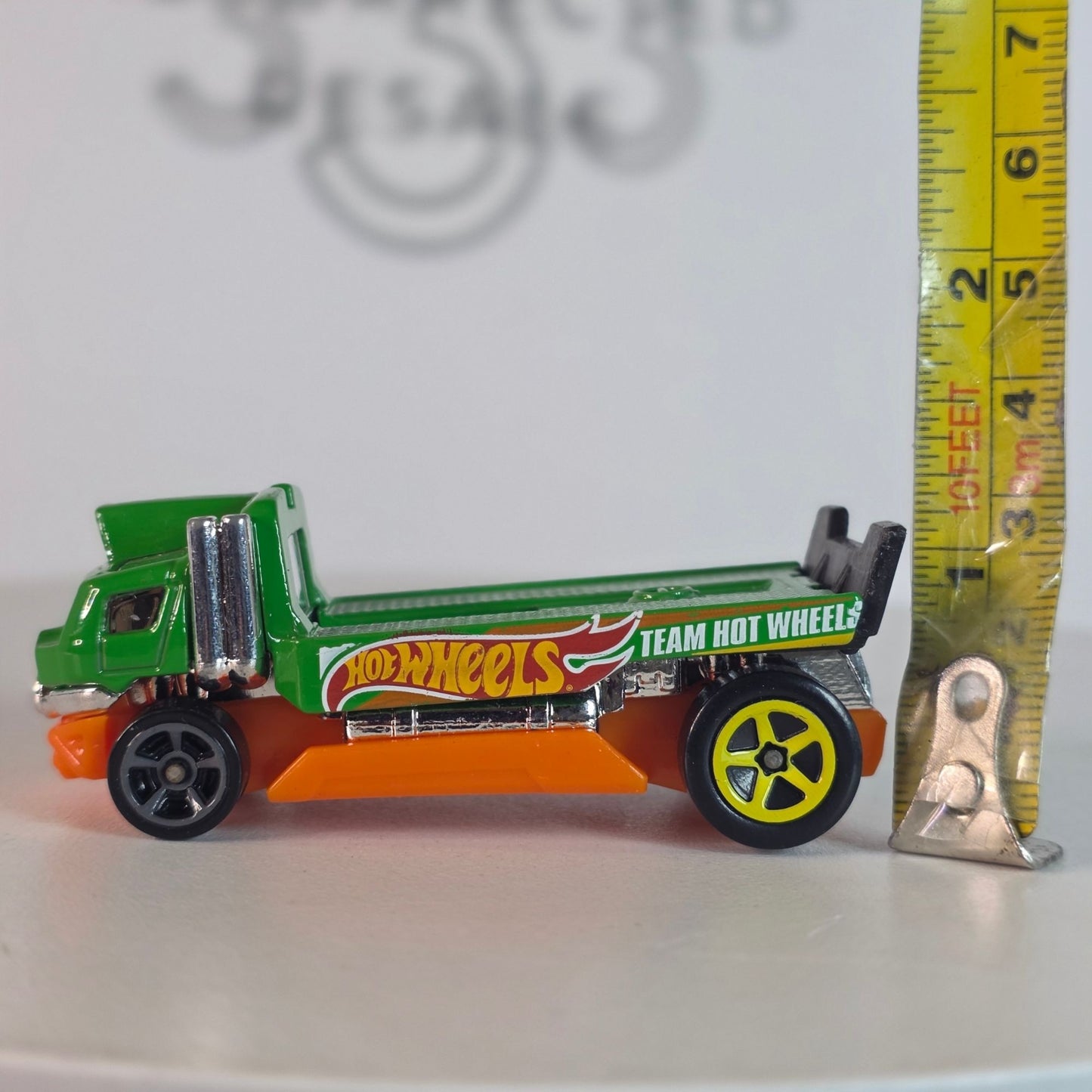 2014 Hot Wheels Haulinator Team Hot Wheels Green Flatbed Truck - Chrome Stacks, Loose NM