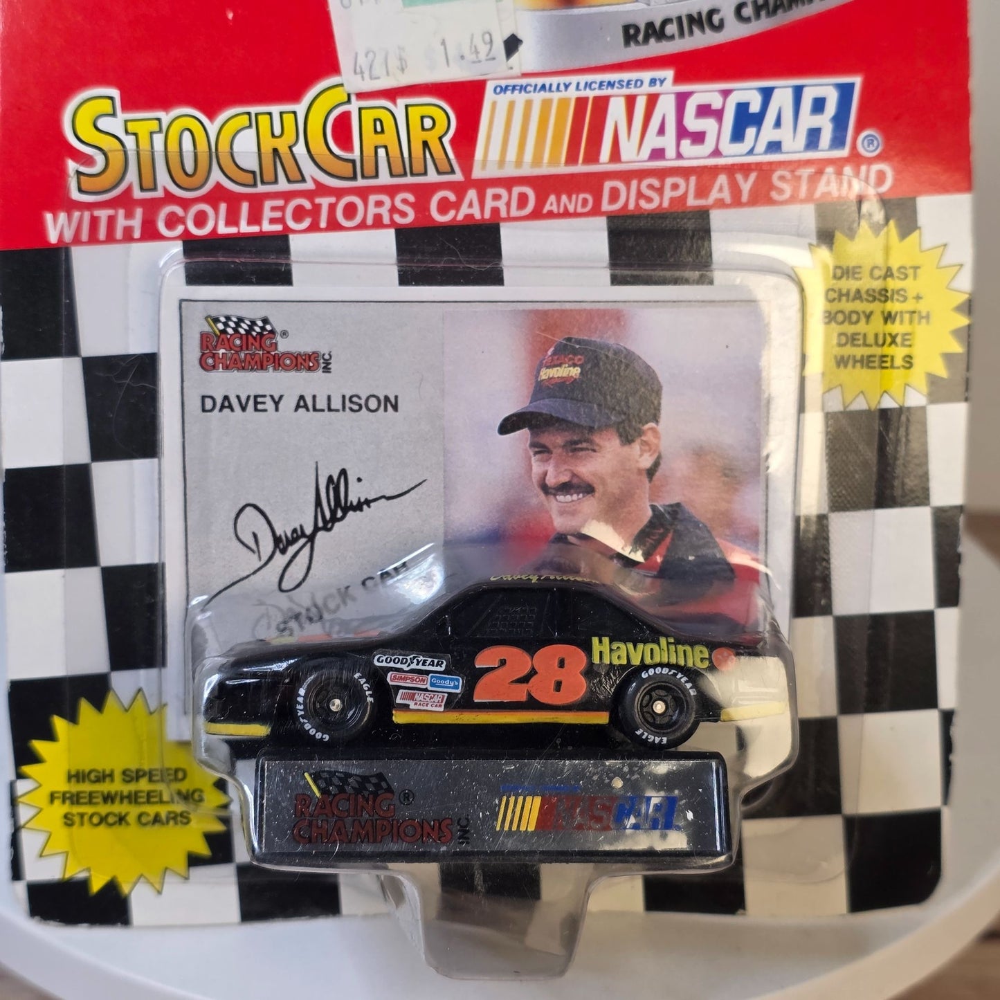 1993 Racing Champions Davey Allison Die-Cast NASCAR Stock Car With Card & Display Stand
