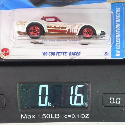 Hot Wheels 69 Corvette Racer White W/Red & Gold Details 1:64 Scale Diecast Car In Sealed Packaging