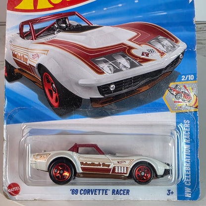 Hot Wheels 69 Corvette Racer White W/Red & Gold Details 1:64 Scale Diecast Car In Sealed Packaging