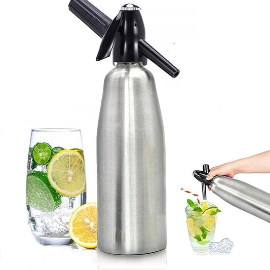 Vintage Aluminum Soda Siphon Bottle 1L Capacity Sleek Retro Design Black Plastic Head