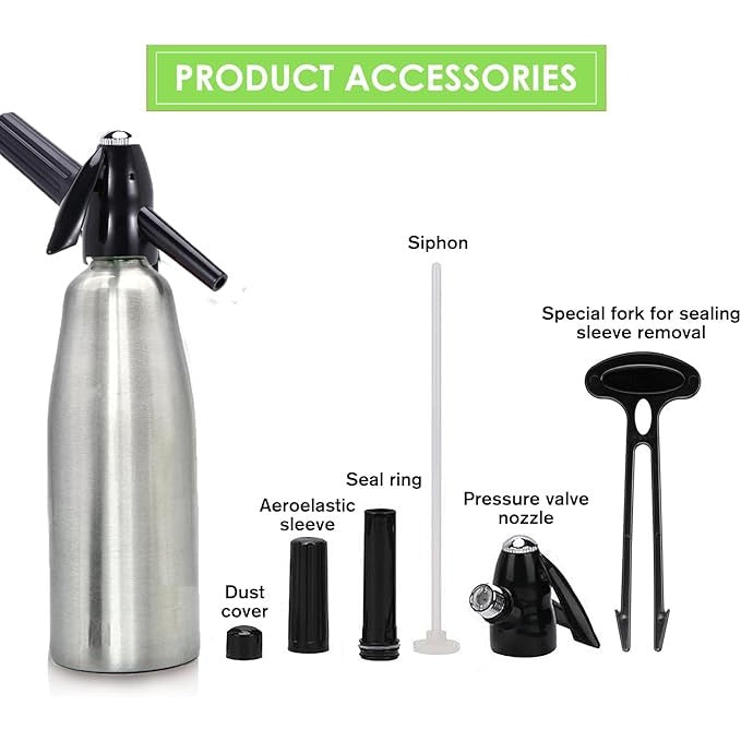 Vintage Aluminum Soda Siphon Bottle 1L Capacity Sleek Retro Design Black Plastic Head