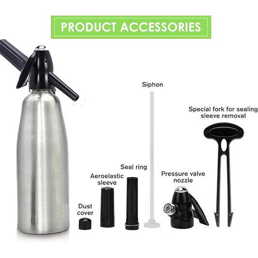 Vintage Aluminum Soda Siphon Bottle 1L Capacity Sleek Retro Design Black Plastic Head