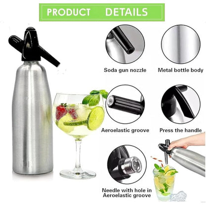 Vintage Aluminum Soda Siphon Bottle 1L Capacity Sleek Retro Design Black Plastic Head