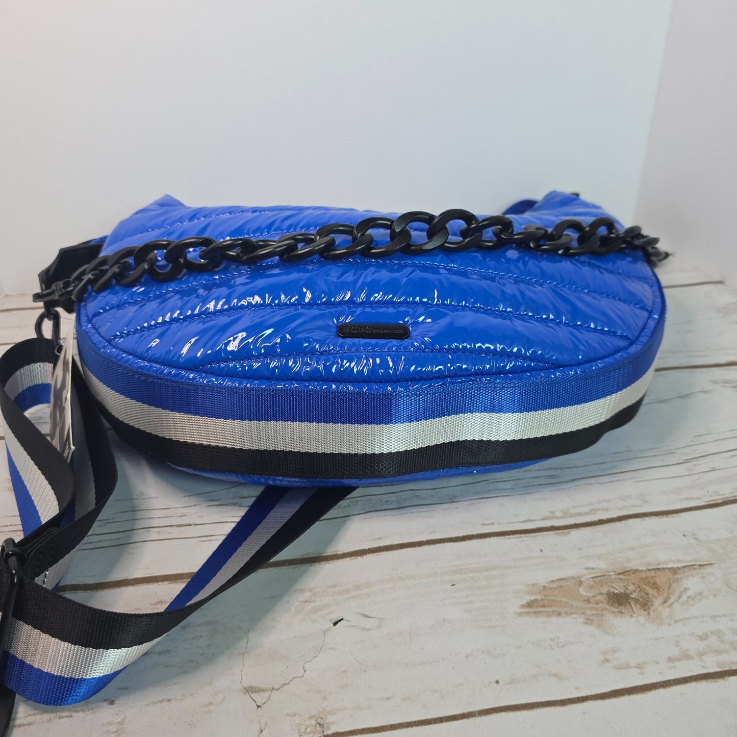 BCBGeneration Two-In-One Blue Quilted Crossbody & Shoulder Bag With Striped Adjustable Strap