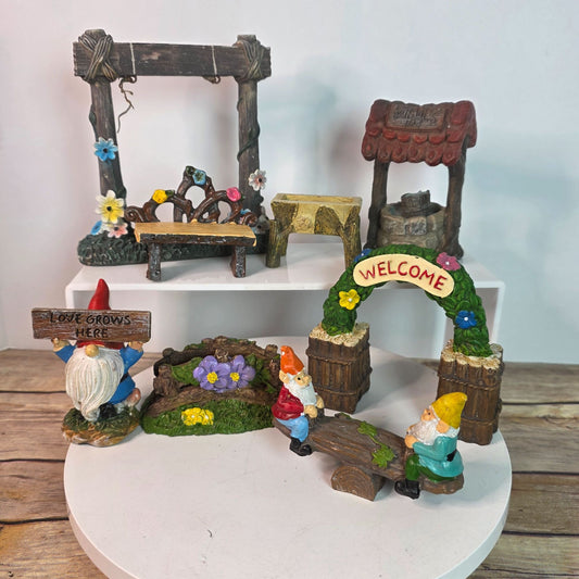 Vintage Enchanted Woodland Gnome Fairy Garden Miniature Landscape Decor Set With Welcome Arch