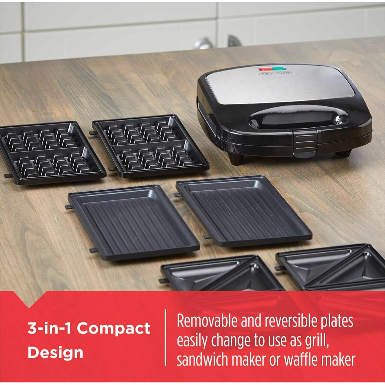 Black+Decker 3-In-1 Compact Waffle Iron Grill & Sandwich Maker With Non-Stick Removable Plates Space Saving Design
