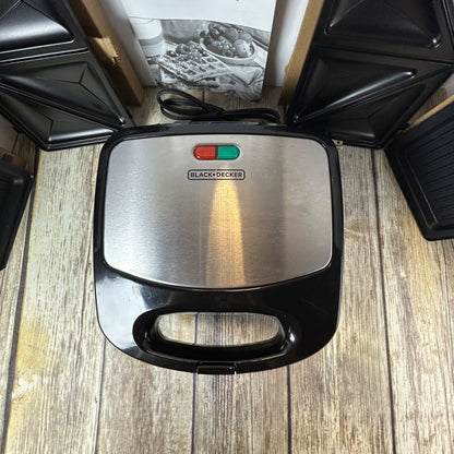 Black+Decker 3-In-1 Compact Waffle Iron Grill & Sandwich Maker With Non-Stick Removable Plates Space Saving Design