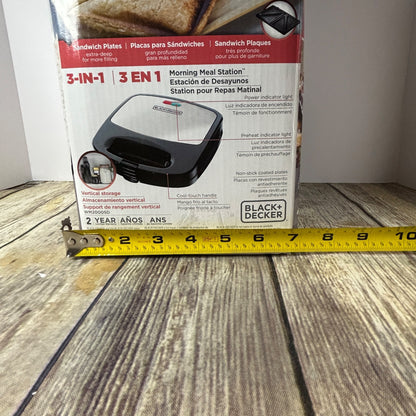 Black+Decker 3-In-1 Compact Waffle Iron Grill & Sandwich Maker With Non-Stick Removable Plates Space Saving Design