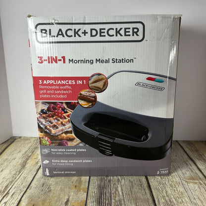 Black+Decker 3-In-1 Compact Waffle Iron Grill & Sandwich Maker With Non-Stick Removable Plates Space Saving Design