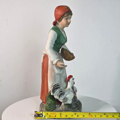 Vintage Homco Porcelain Young Lady Feeding Chickens Figurine 8.0” Tall