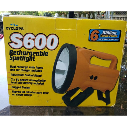 Cyclops S600 Rechargeable Spotlight With Adjustable Stand & Shoulder Strap 12V DC Compatible Bright Beam Durable Plastic Orange & Black