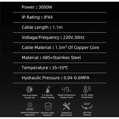 Instant Electric Hot Water Faucet With Temperature Display  3000W 220V ABS & Stainless Steel IPX4 Rating