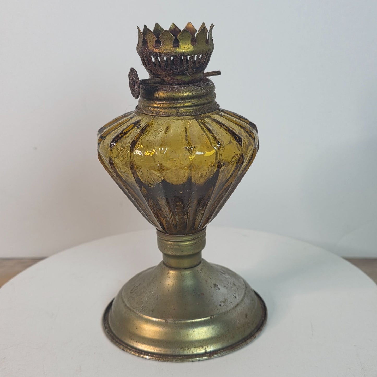 Vintage Amber Glass Oil Lamp With Ribbed Design & Metal Crown